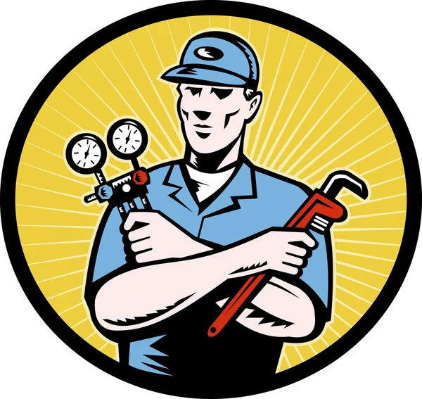 Opravář technikem drží klíč potrubí měřidlo ac — Stock fotografie