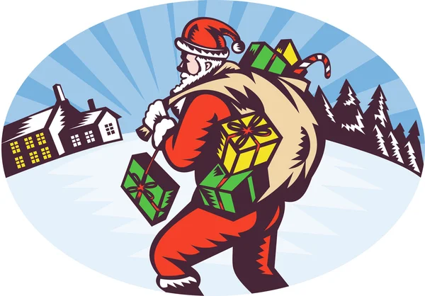 Santa claus bag presents winter snow house — Stock Photo, Image