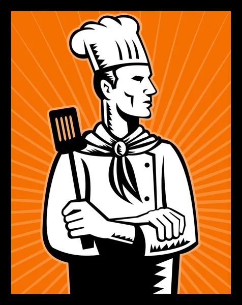 Retro chef cook holding spatula looking up — Stock Photo, Image