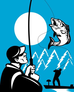 Largemouth Bass Fish Fly Fisherman Fishing Trees clipart