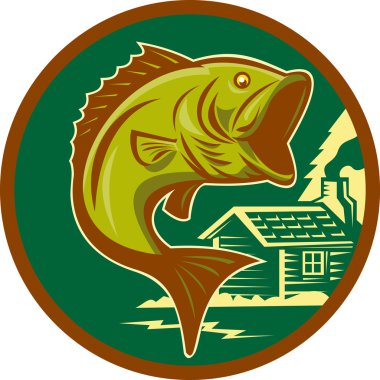 Largemouth bass fish jumping log cabin