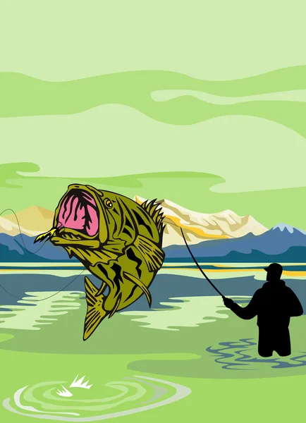 Largemouth bass ψάρι πετούν ράβδος αλιείας ψαράς — Φωτογραφία Αρχείου