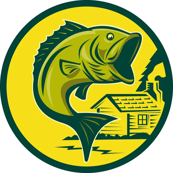 Largemouth bass fish jumping log cabin dark green — Stock Photo, Image