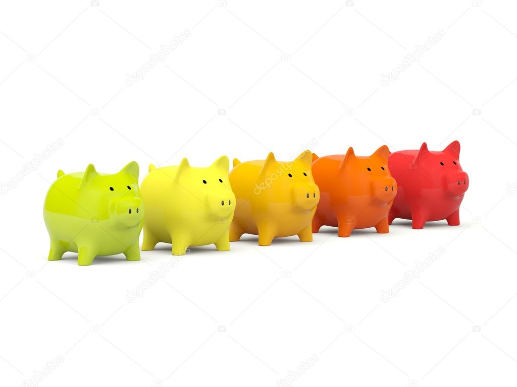 Colored piggy banks isolated on white