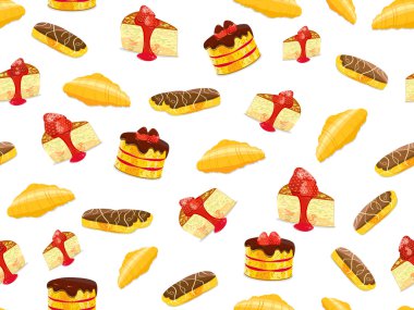 Seamless pattern with cake, croissant and eclair clipart