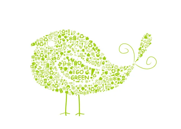 Fågelsiluett fylld med go gröna eko tecken — Stock vektor