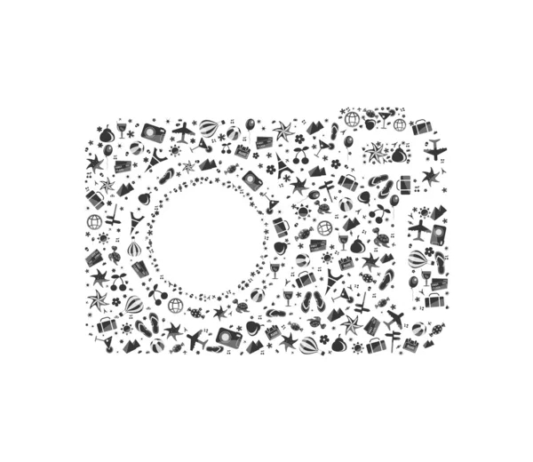 stock vector Black-and-white camera composed from different travel elements