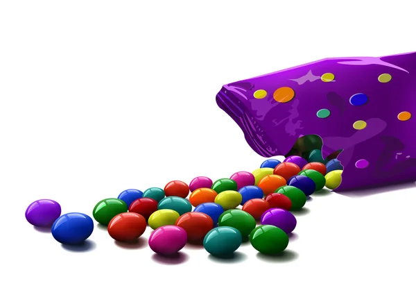 Coloridos caramelos brillantes dispersos del paquete púrpura — Vector de stock