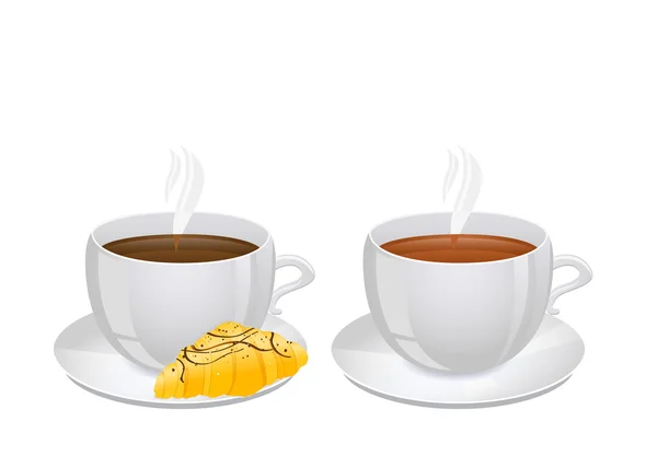 Чашки кофе и чай с круассаном — стоковый вектор