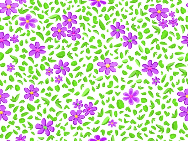 Flor violeta e folha verde em fundo padrão sem costura — Vetor de Stock
