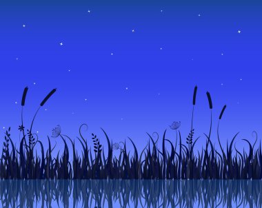 Lake Night Scene With Grass Silhouette clipart