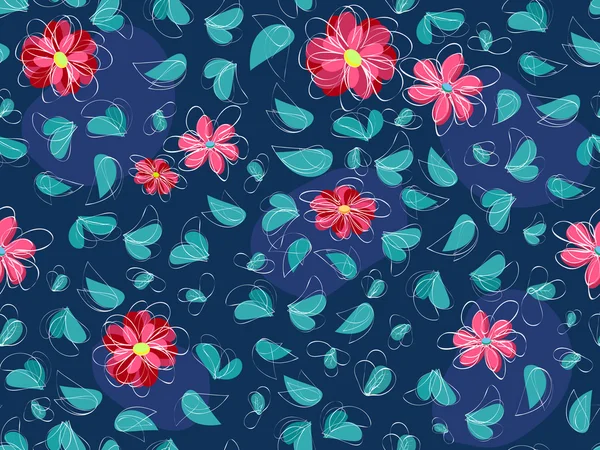 ピンクの花と緑の葉でシームレスなパターン — ストックベクタ