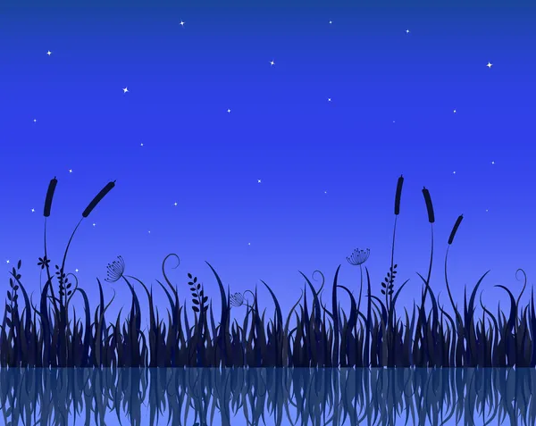 Σκηνή νύχτα λίμνη με χόρτο σιλουέτα — Stock vektor