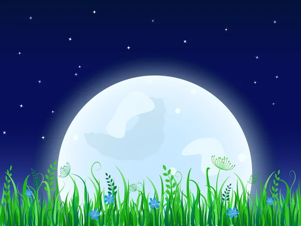 Huge moon with grass meadow. — Stock Vector