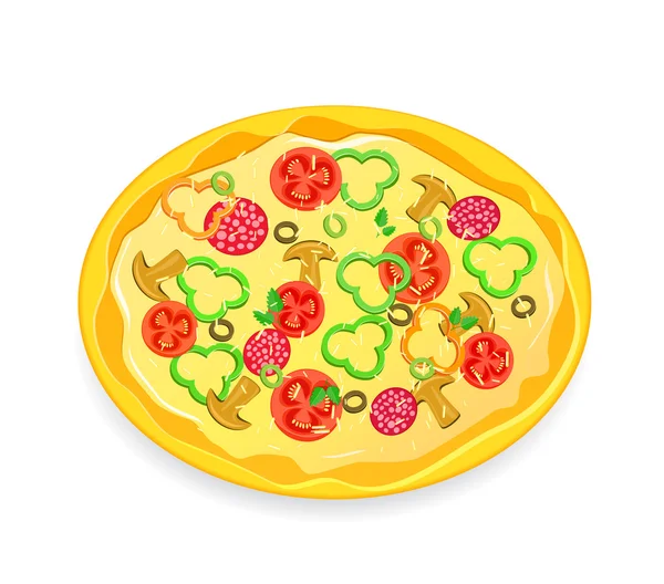 Icono de pizza fresca con verduras y pepperoni — Vector de stock
