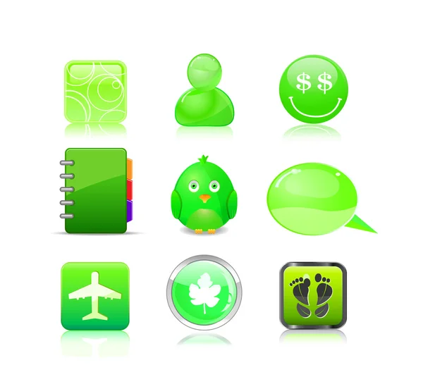 緑のアイコンを設定 - アバター、笑顔、メモ、鳥、チャット、葉、平面、f — ストックベクタ