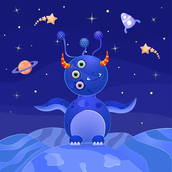 Голубой пришелец стоит на планете в открытом космосе — стоковый вектор