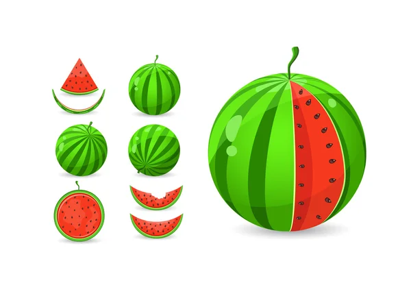 Ganze und in Scheiben geschnittene Wassermelonen — Stockvektor