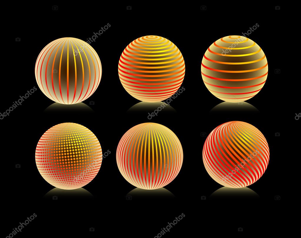 Striped orange ball icon set isolated on black background