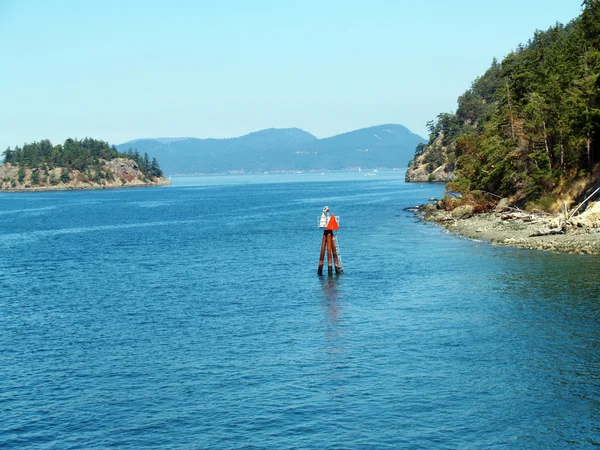 Marqueur de chenal rouge dans la voie navigable près du rivage — Photo