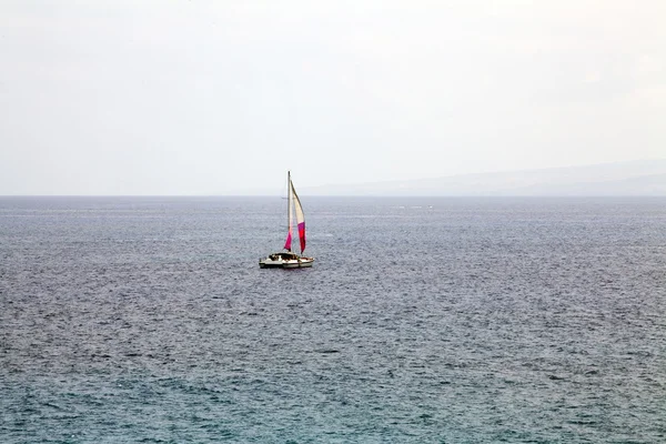 Velero en catamarán solitario en mar suave navegando lejos —  Fotos de Stock