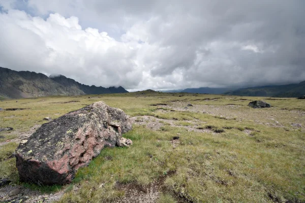 Highland betesmark med stenar mot dimma moln Royaltyfria Stockfoton