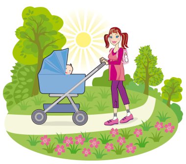 genç bir anne bebek çocuk arabası içinde yürüyüş için gidiyor