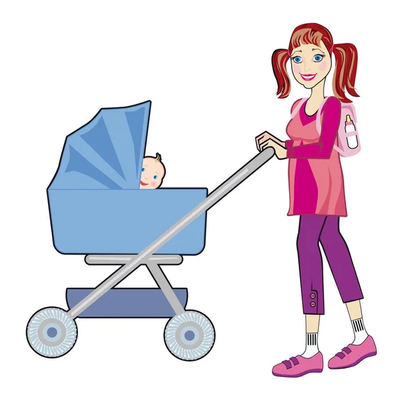 A young mother goes for a walk with a baby in a pram — Stock Vector