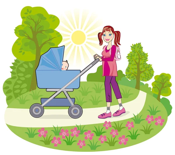 Een jonge moeder gaat voor een wandeling met een baby in een kinderwagen — Stockvector