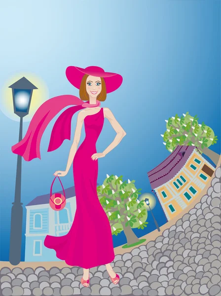 Κυρία αίγλη στο ροζ φόρεμα βόλτες γύρω από μια παλιά πόλη — Διανυσματικό Αρχείο