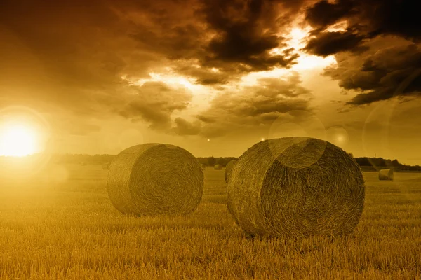 Конец дня над полем с тюком сена — стоковое фото