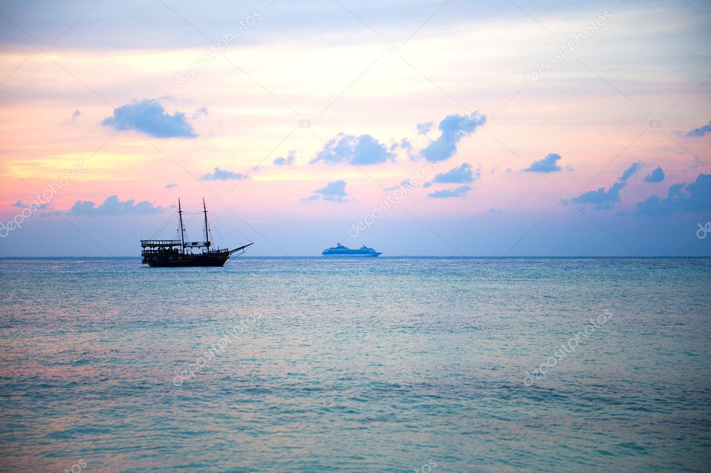 Pirate boat at sunset in Cozumel, Mexico.