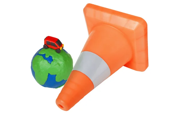 Globe, car and emergency cone — Stock Photo, Image