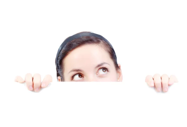 Girl behind a white panel — Stock Photo, Image