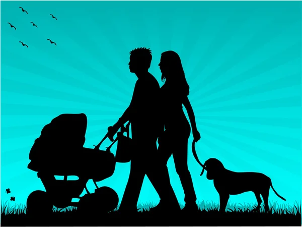 Rodzina na spacerze z dzieckiem w wózku i pies — Wektor stockowy
