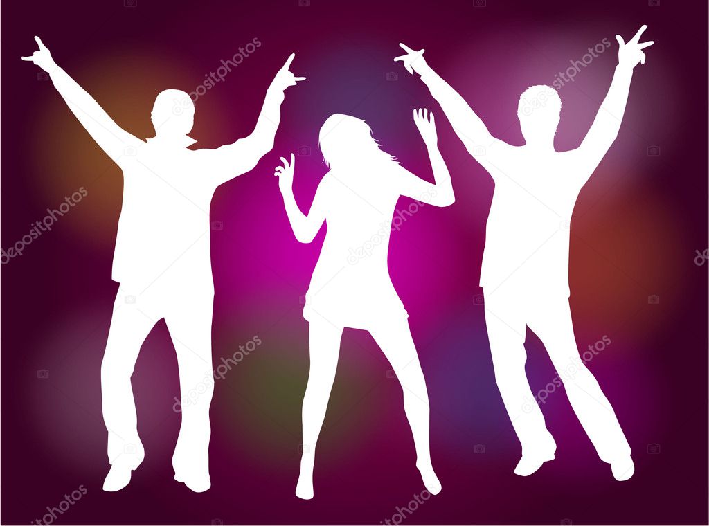Partying, dancing silhouettes-colored background