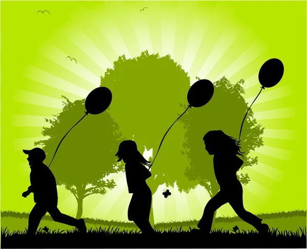 Kinderen lopen met ballonnen - vector — Stockvector