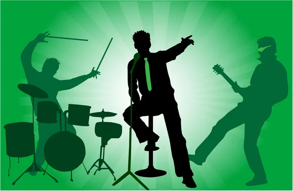 Tři hudebníci na scéně - koncert, zelené pozadí — Stockový vektor