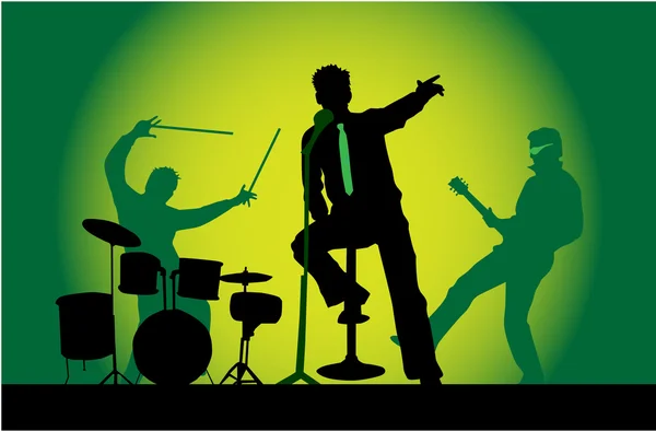 A három zenész, a színpadon - koncert, zöld háttér — Stock Vector