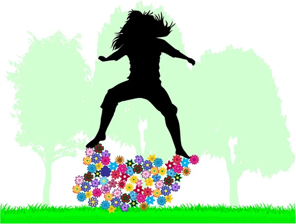 Божевільна дівчина стрибає на фоні весняних квітів — стоковий вектор
