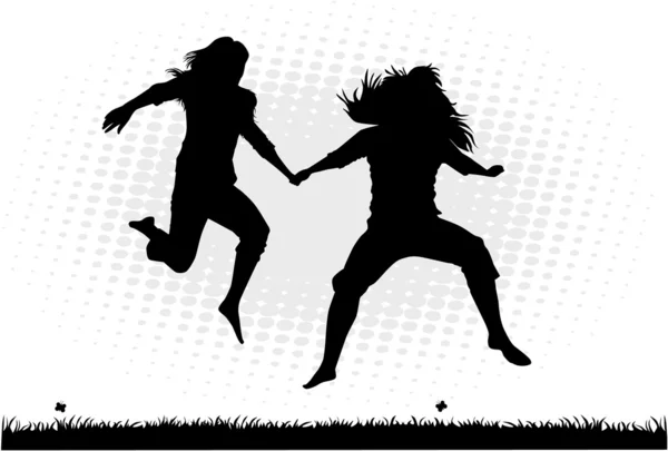 Jumping silhouettes of girls - a scene from nature — Stock Vector