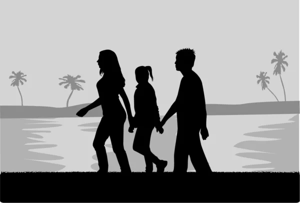 Family walk in the beach - black and white illustration — Stock Vector
