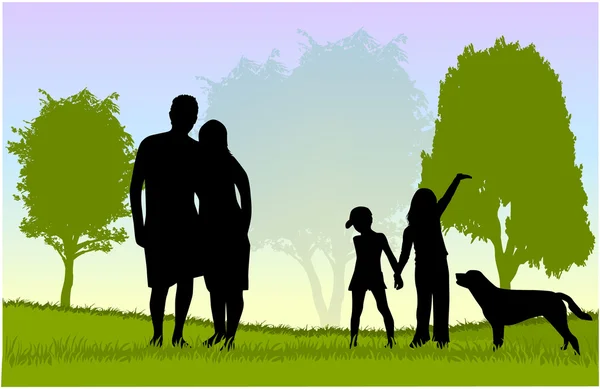Familjen promenad med hunden i parken — Stock vektor