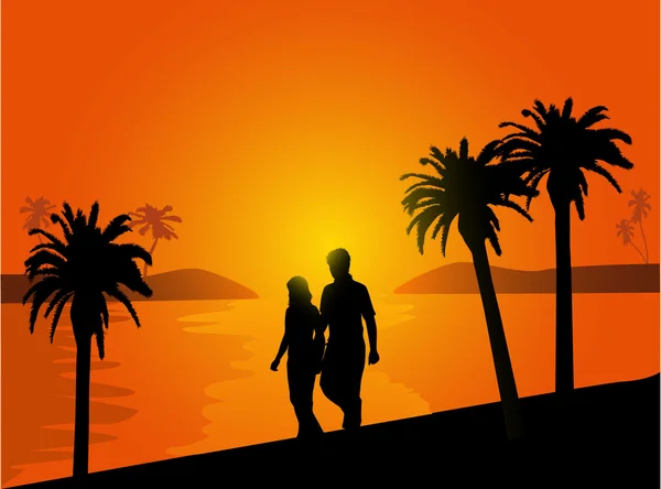 坠入爱河的夫妻日落时分在海滩上散步 — 图库矢量图片
