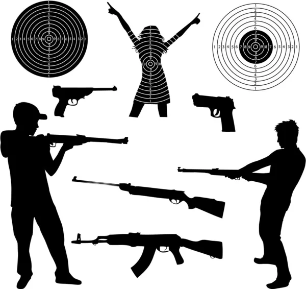 枪击事件一名男子及火器的剪影 — 图库矢量图片