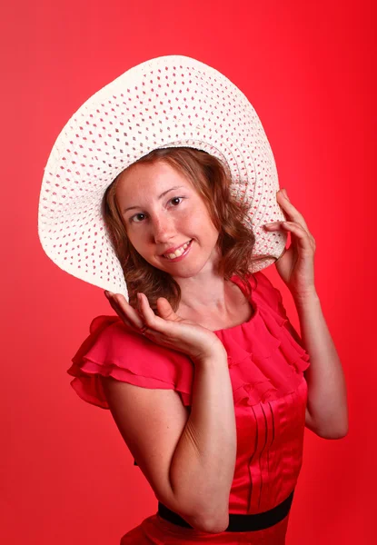 Lady in red with summer hat — Stock Photo, Image