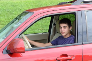 New teenage driver sits in his new car clipart