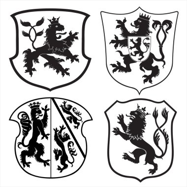 Heraldic lions and shields silhouettes clipart