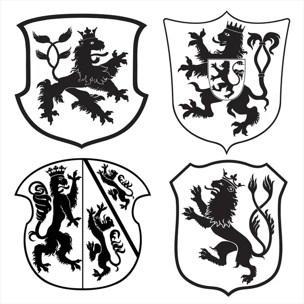Leones heráldicos y escudos siluetas — Archivo Imágenes Vectoriales