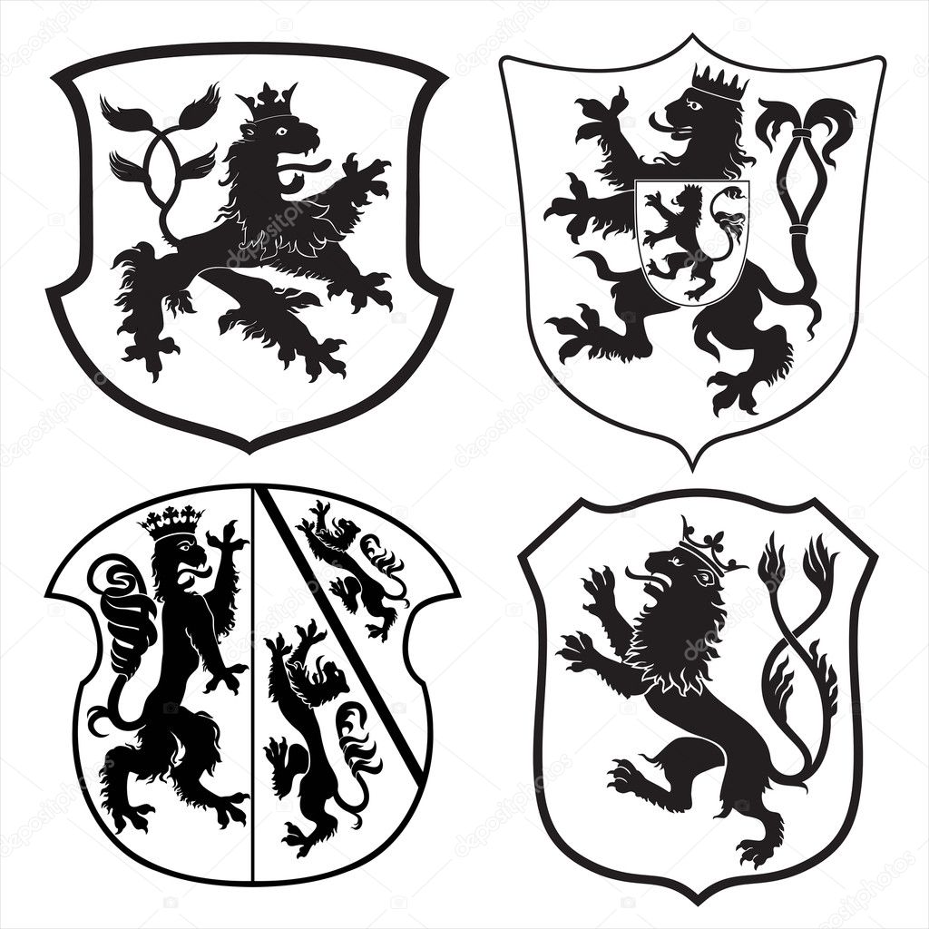 Heraldic lions and shields silhouettes